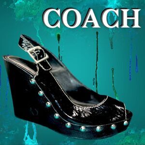 COACH RENAE CRINKLE PATENT SILVER STUD PLATFORM PEEP TOE SANDALS SIZE 6.5 Black